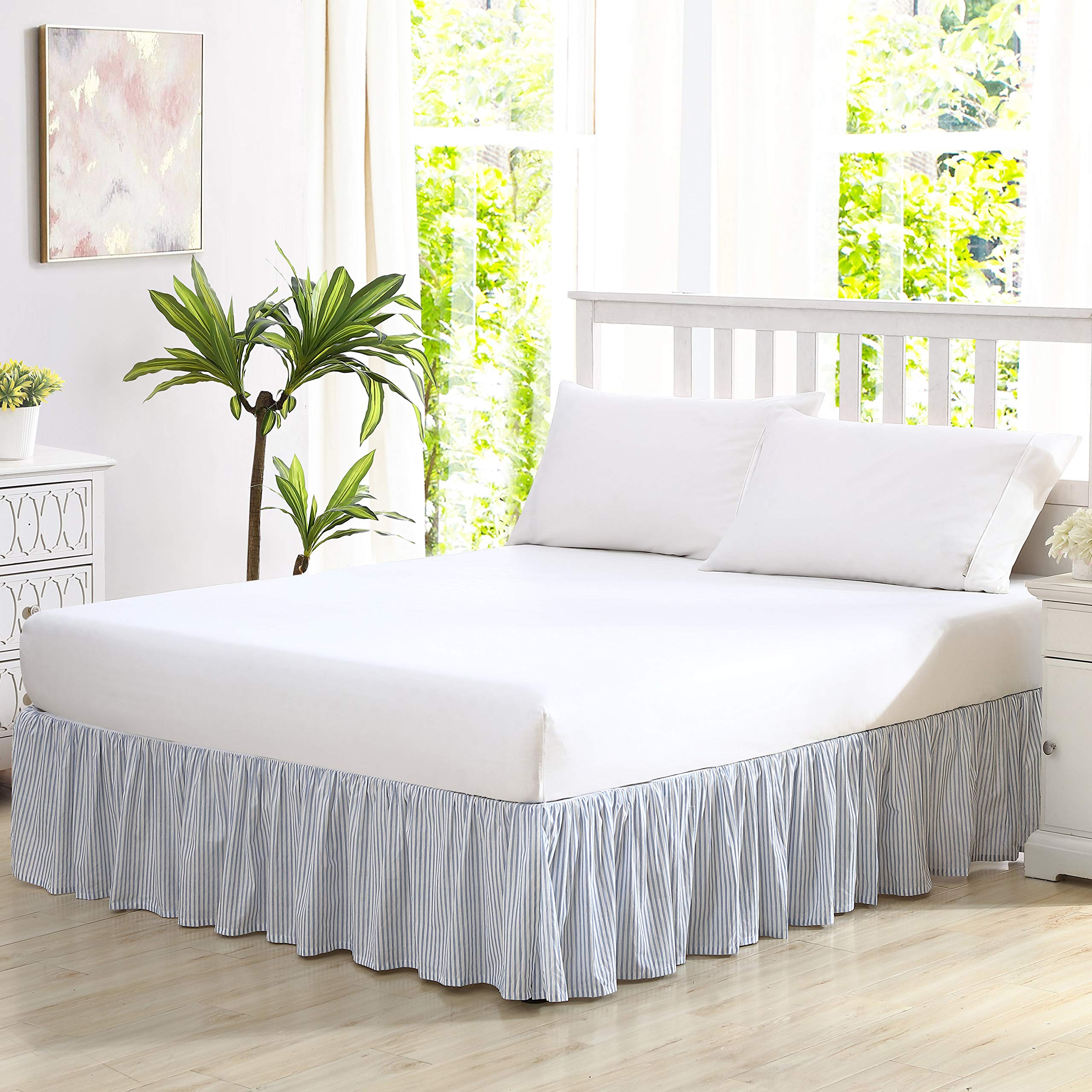 Laura Ashley front view of queen bedskirt showing full stripe pattern and polished finish