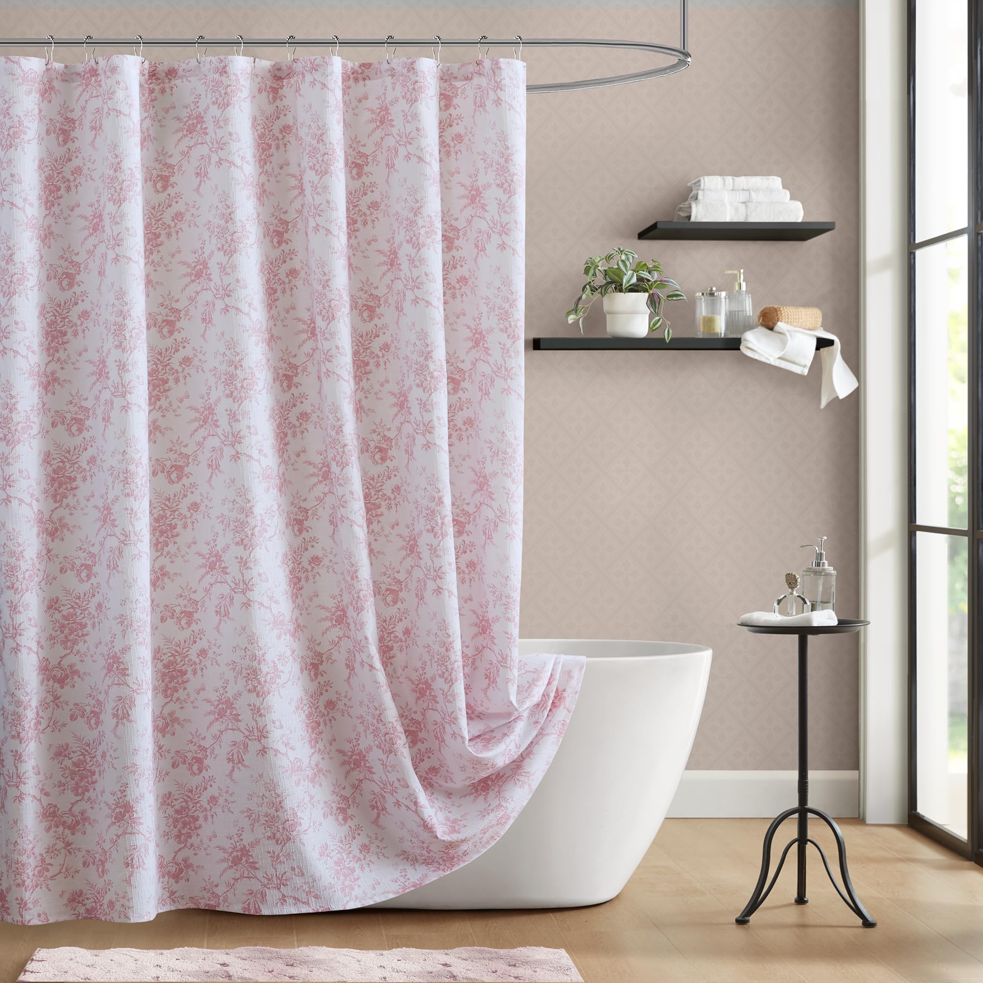 Laura Ashley shower curtain front view showing tonal floral and serene style benefit