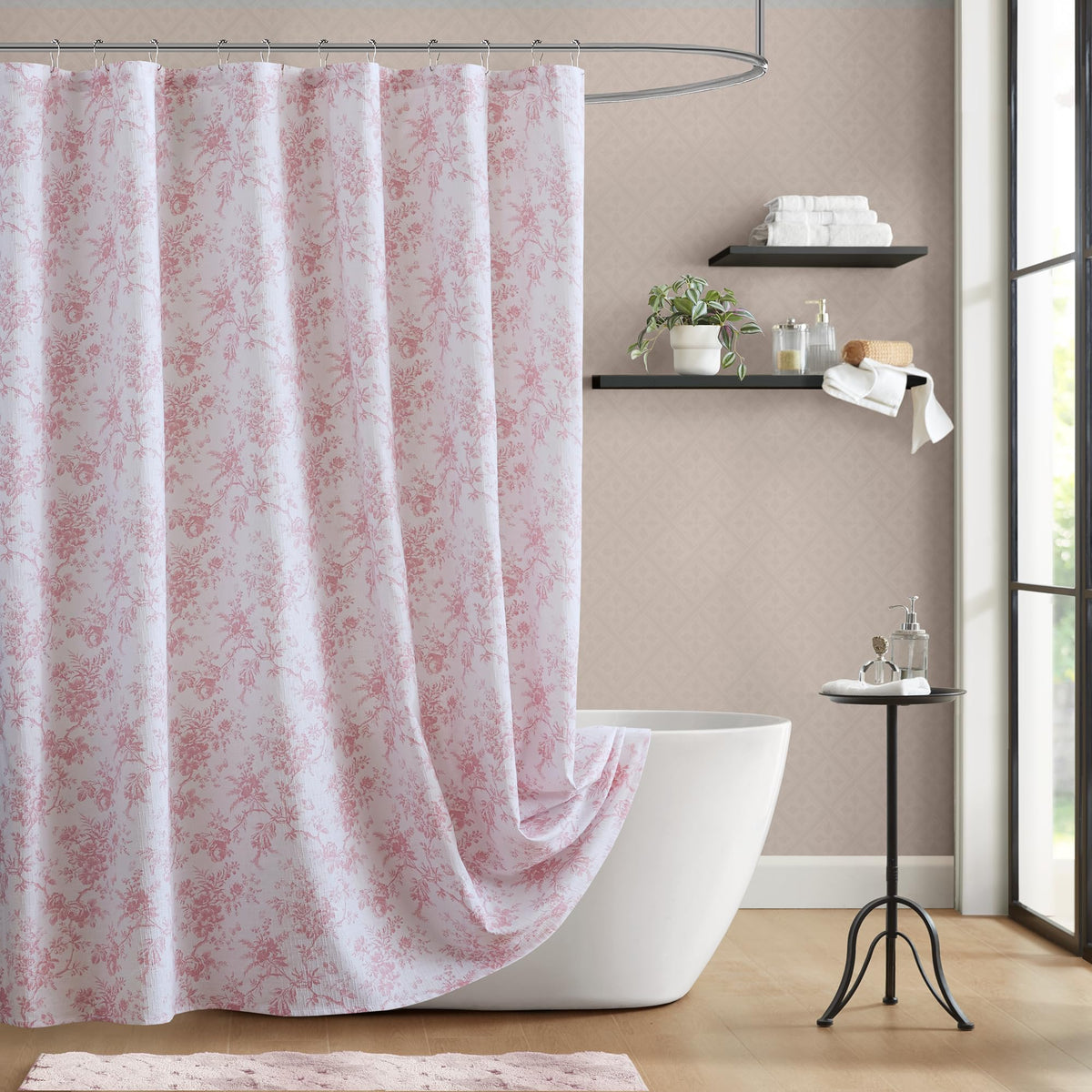 Laura Ashley shower curtain front view showing tonal floral and serene style benefit