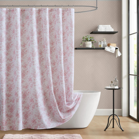 Laura Ashley shower curtain front view showing tonal floral and serene style benefit