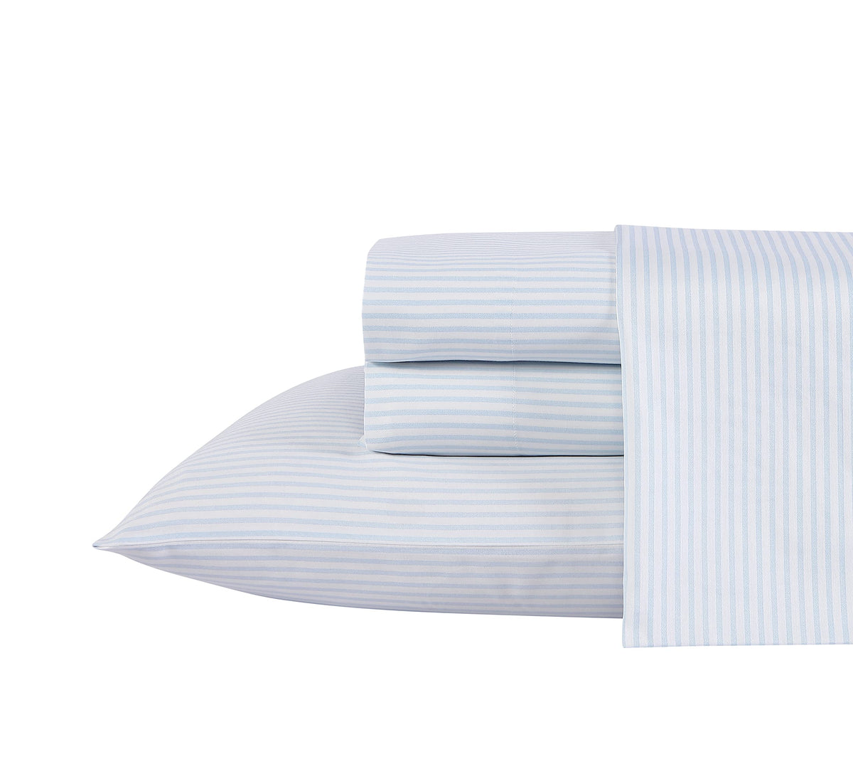 Laura Ashley front view on made bed showing blue stripe, elevates bedroom style