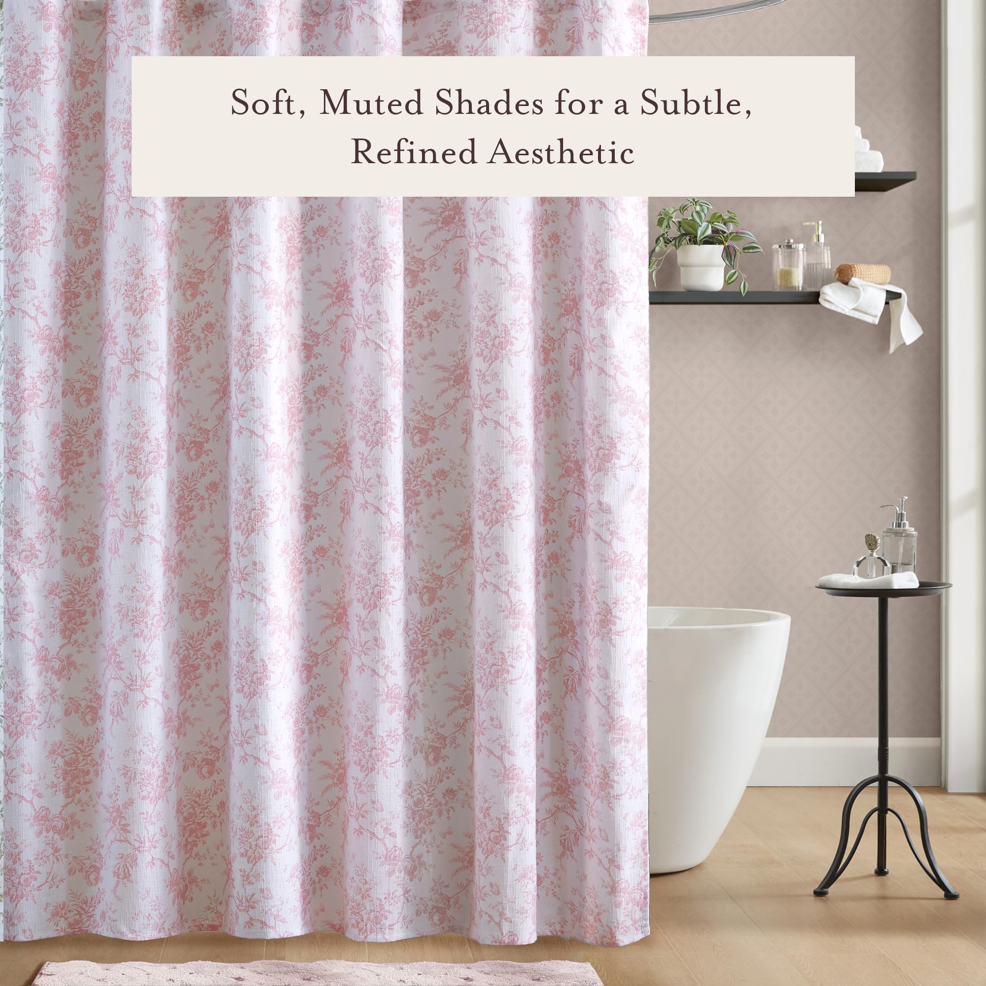 Laura Ashley curtain beside tub for scale showing generous 72x72 fit