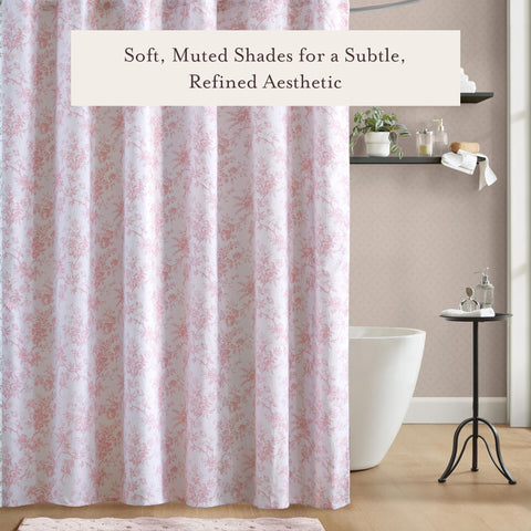 Laura Ashley curtain beside tub for scale showing generous 72x72 fit
