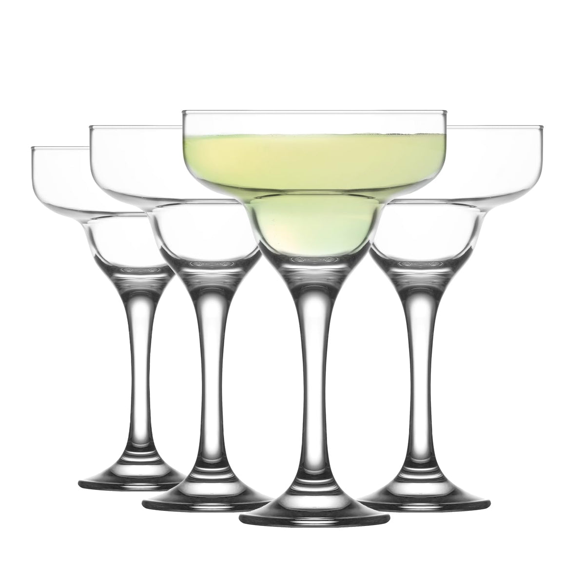 LAV front view of four clear margarita glasses highlighting packaging and set look