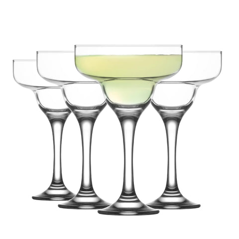 LAV front view of four clear margarita glasses highlighting packaging and set look