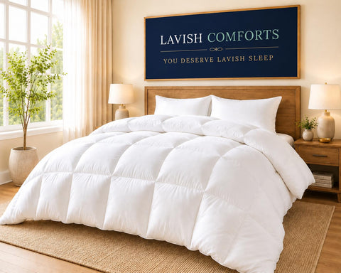 Lavish Comforts front view of queen comforter packaging showing product clarity and size benefit