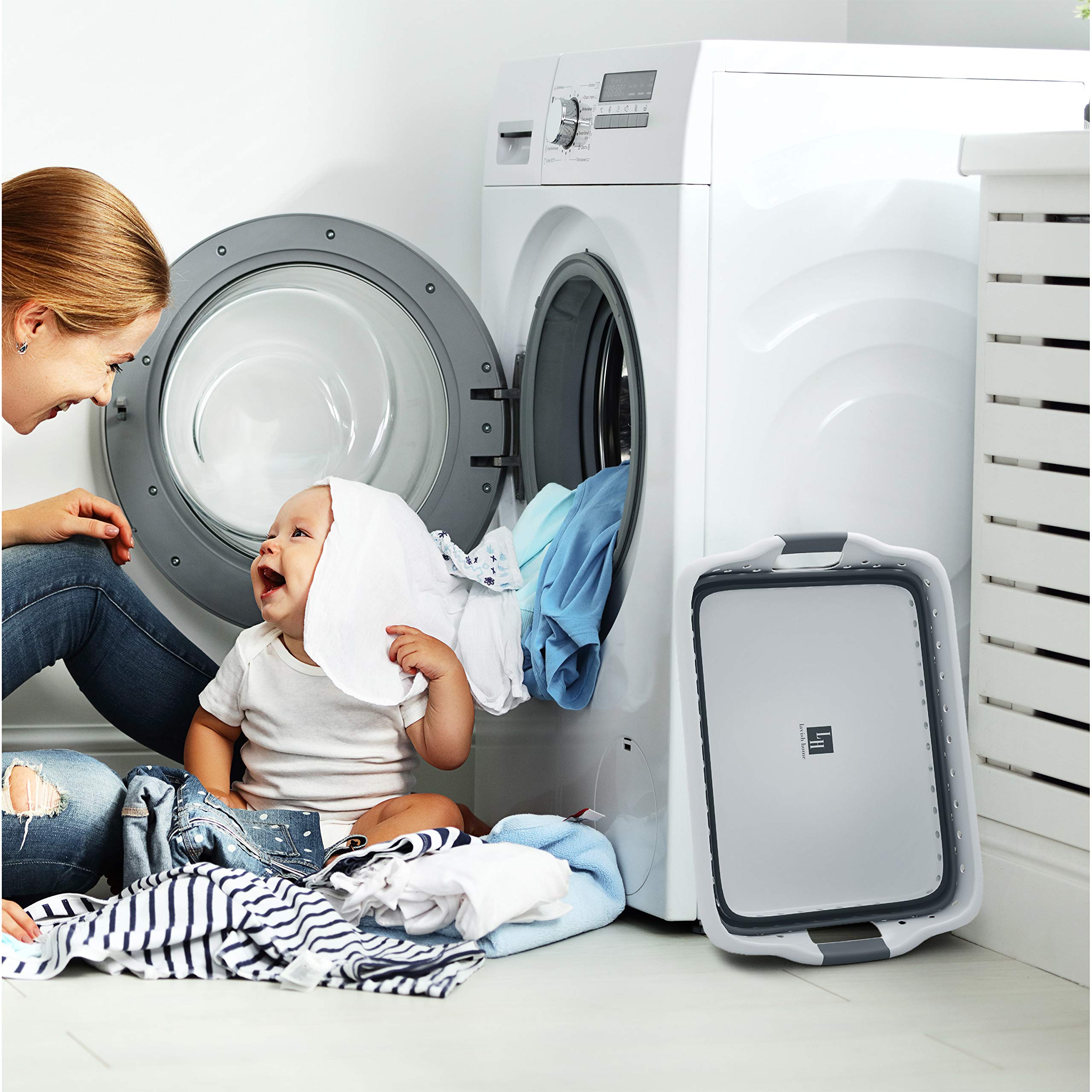 Lavish Home basket filled with clothes being carried to laundry for convenience