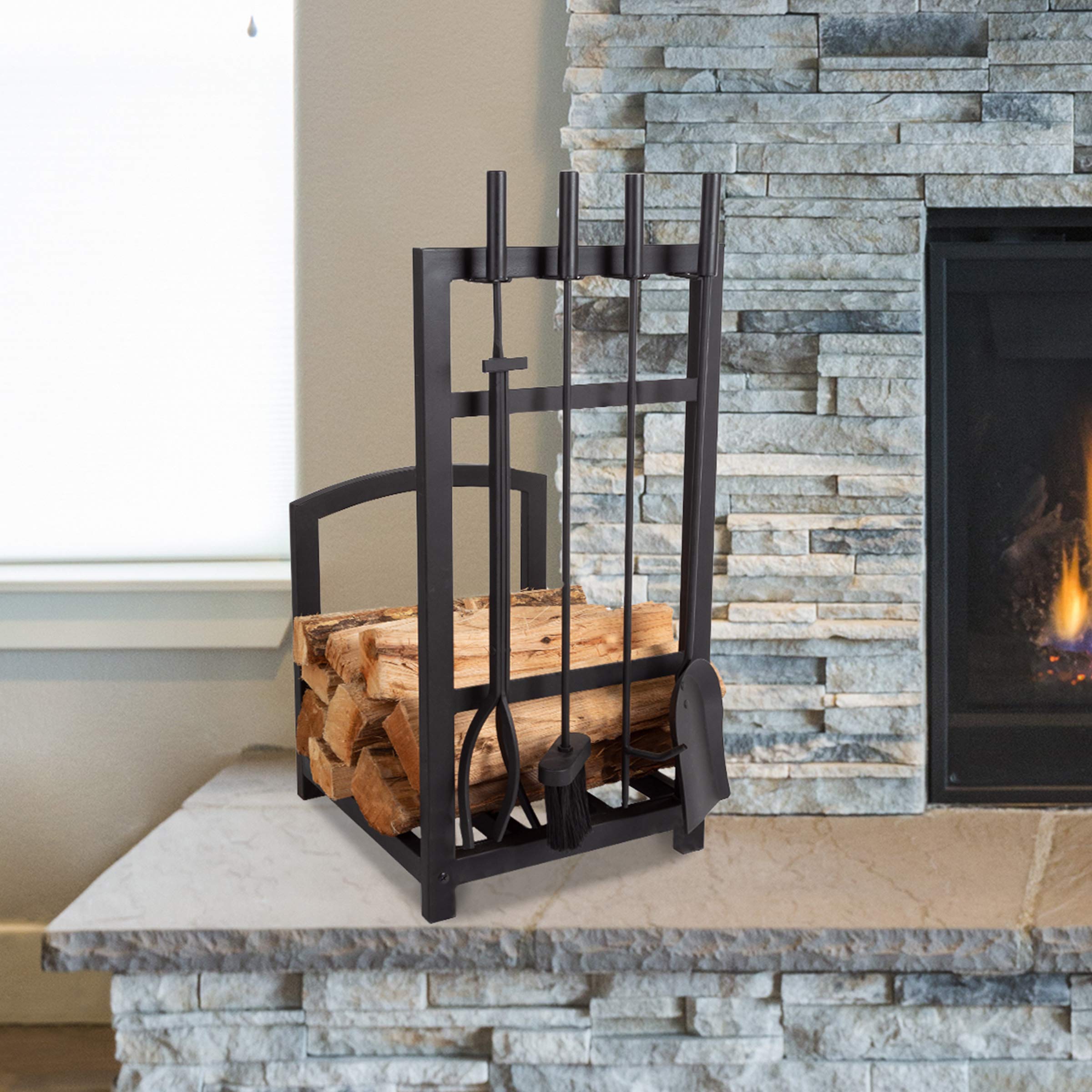 Lavish Home front view of log rack showing compact organization and neat storage