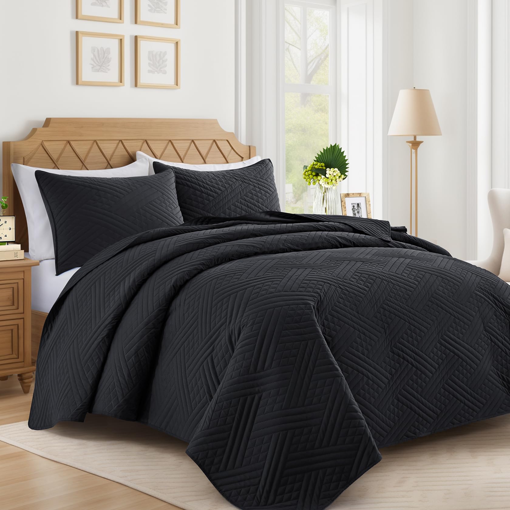 Lavsiry front view of quilt set showing striped design and neat edges, enhances bedroom style