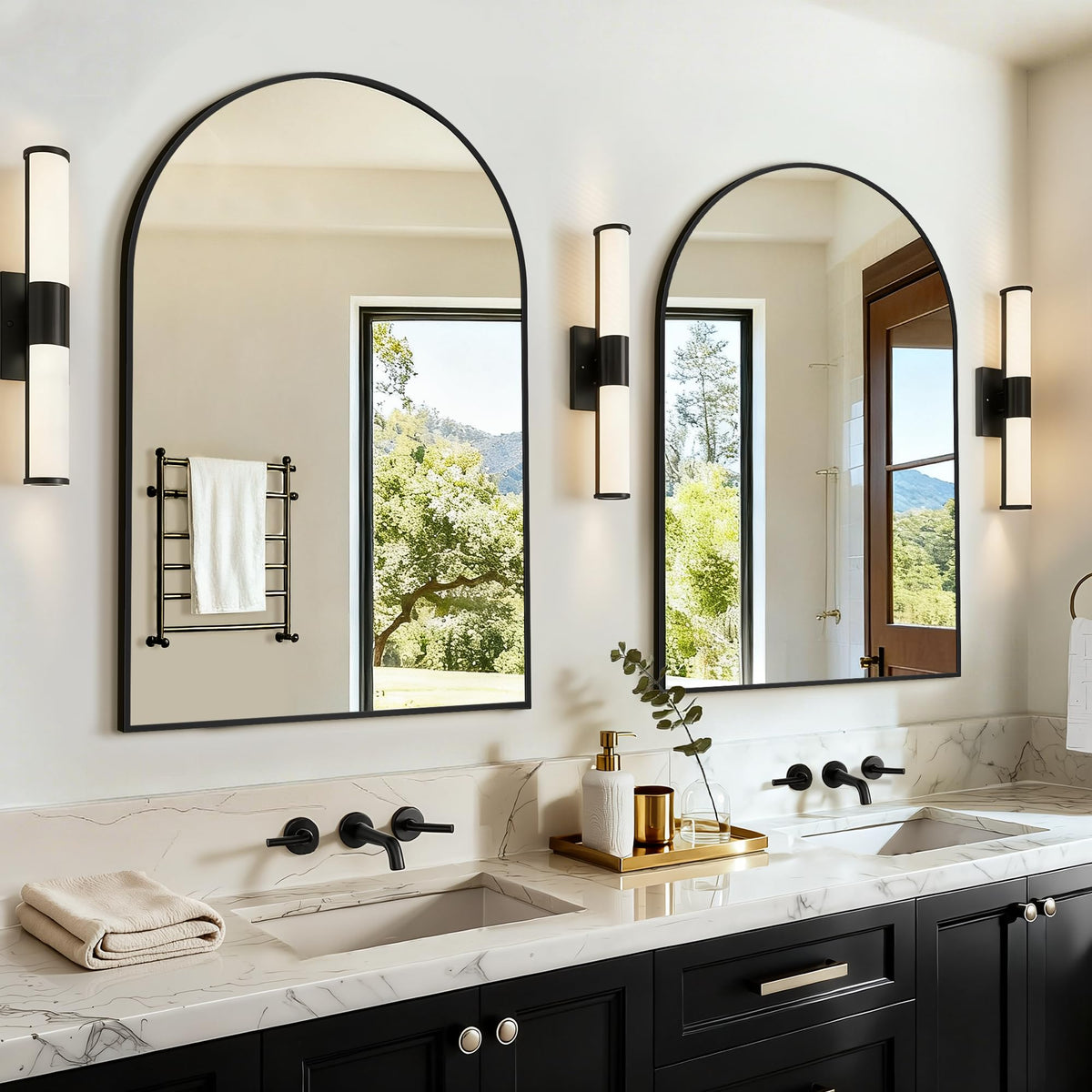 LAWADA arched mirror front view showing sleek black frame and refined arch