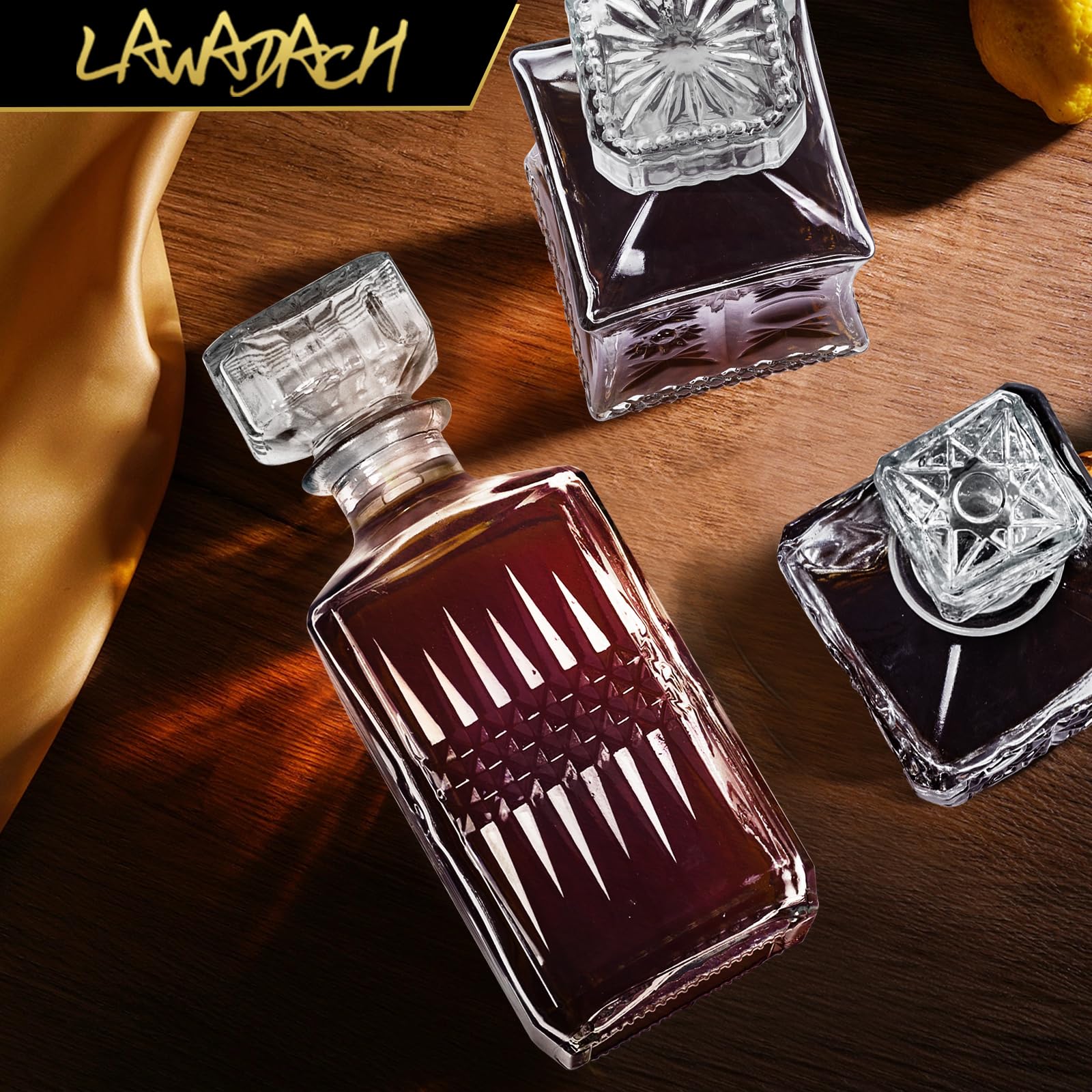 LAWADACH decanter next to a standard rocks glass to show accurate size perception