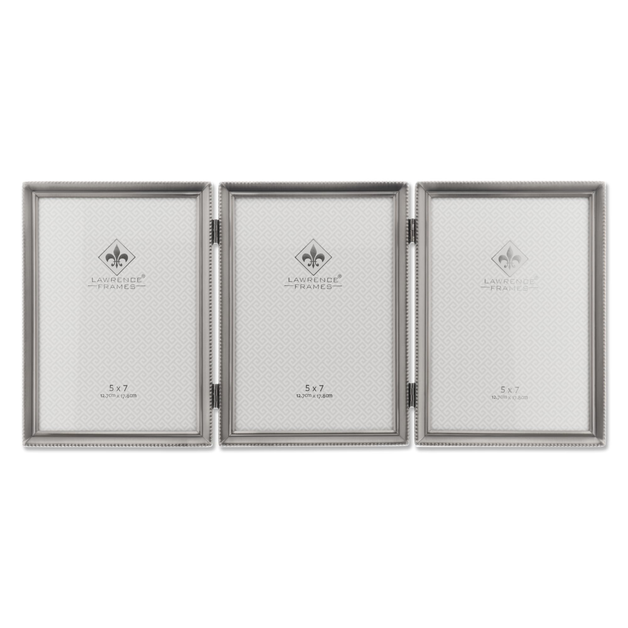 Lawrence Frames front view of triple pewter frame showing three 5x7 photos and classic finish