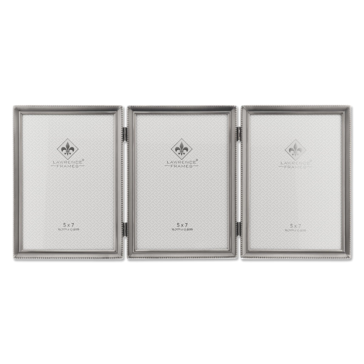 Lawrence Frames front view of triple pewter frame showing three 5x7 photos and classic finish