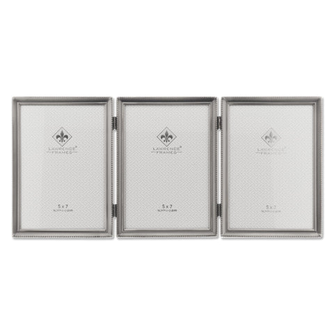 Lawrence Frames front view of triple pewter frame showing three 5x7 photos and classic finish