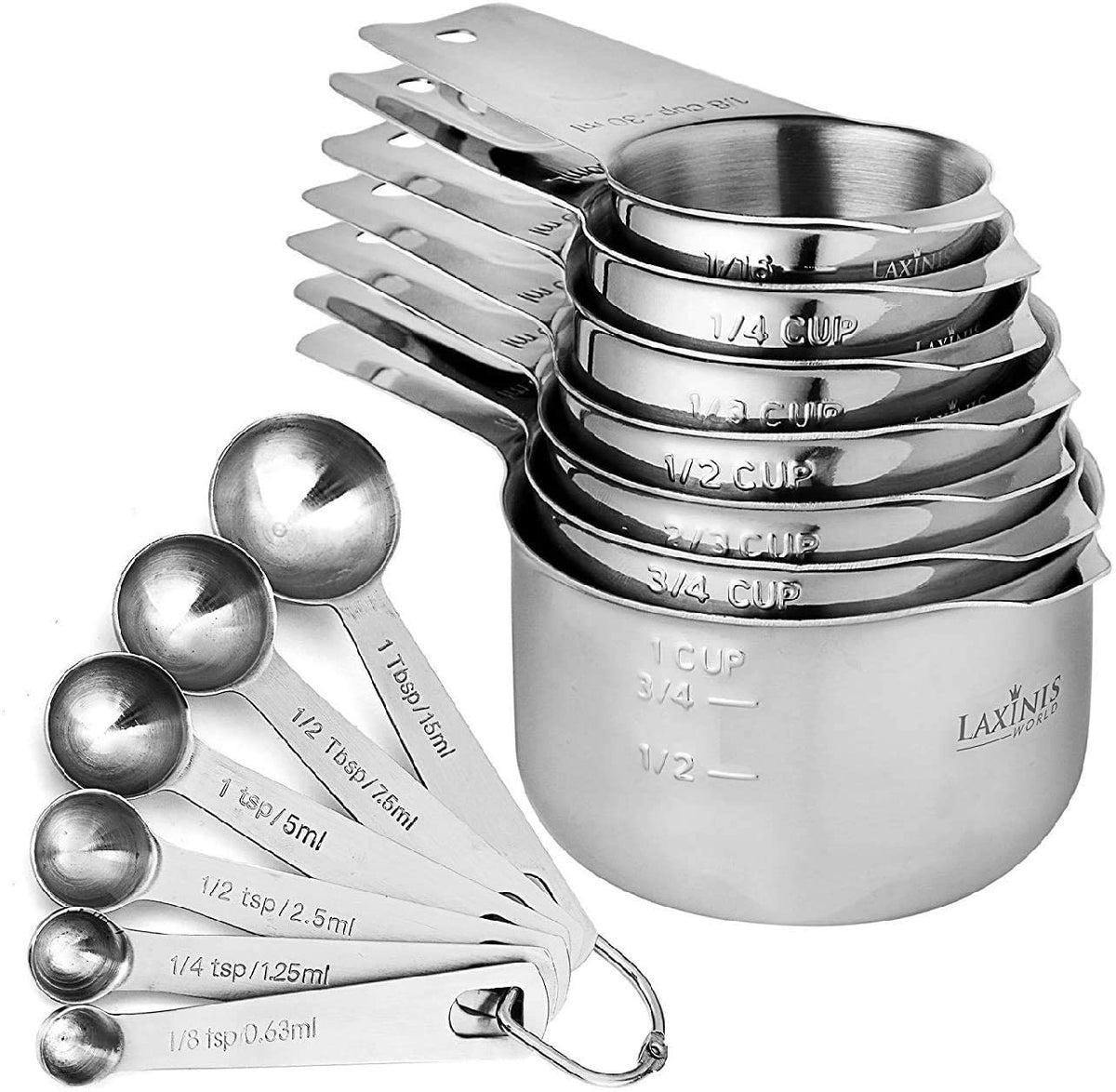 Laxinis World front view of full 13-piece stainless steel set showing durability