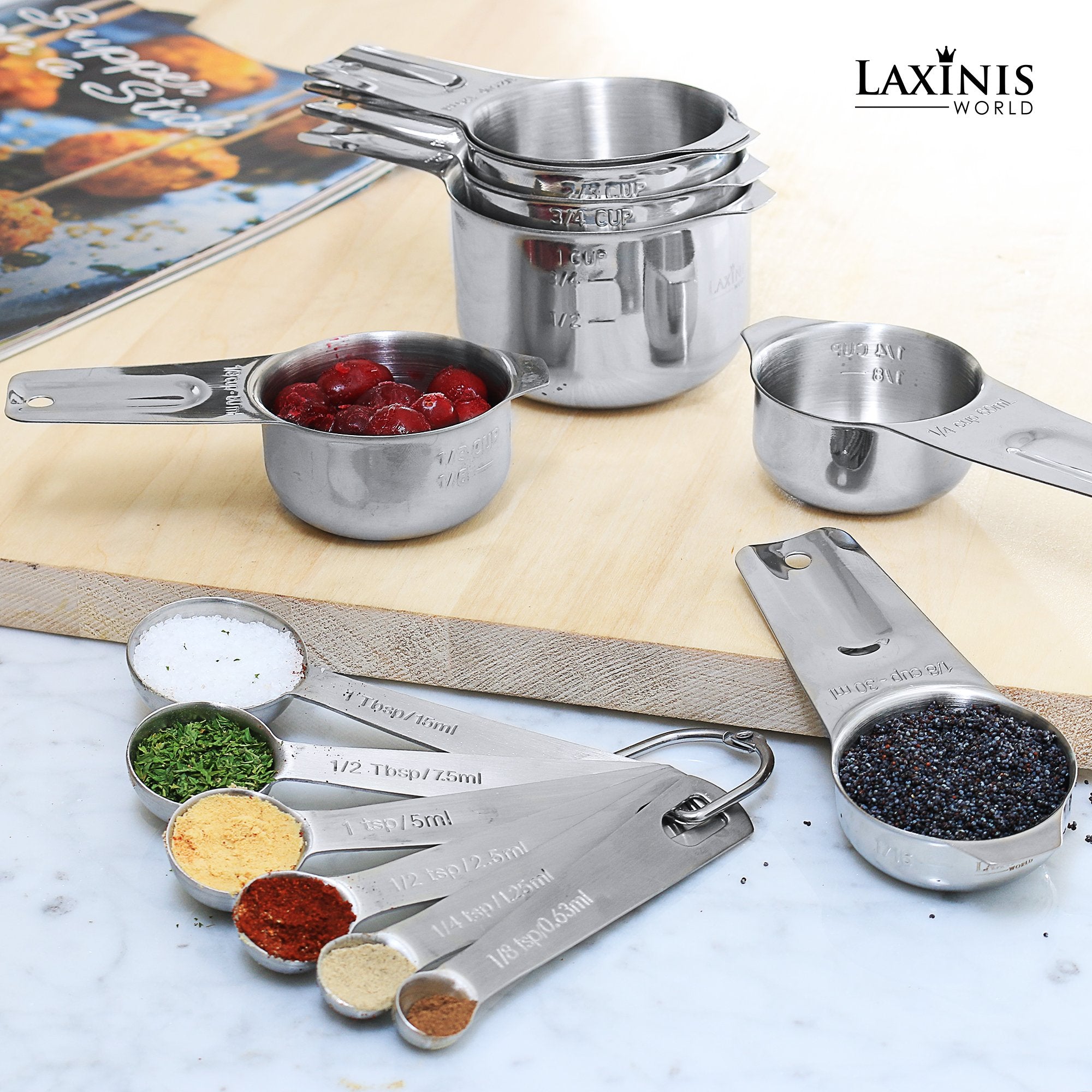 Laxinis World measuring cups and spoons in use while baking for accurate portions