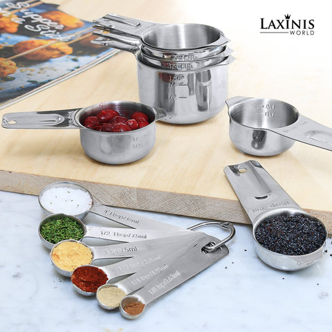Laxinis World measuring cups and spoons in use while baking for accurate portions