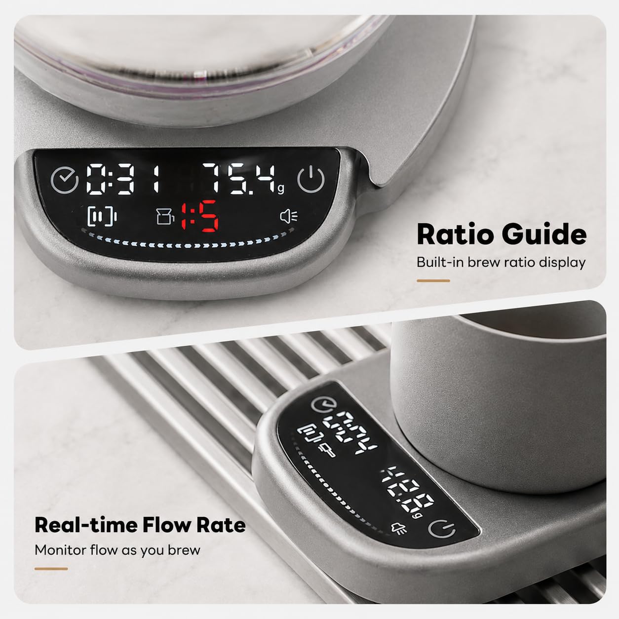 LAYBIRD MagAttach Pro close-up display showing timer and weight for accurate brewing