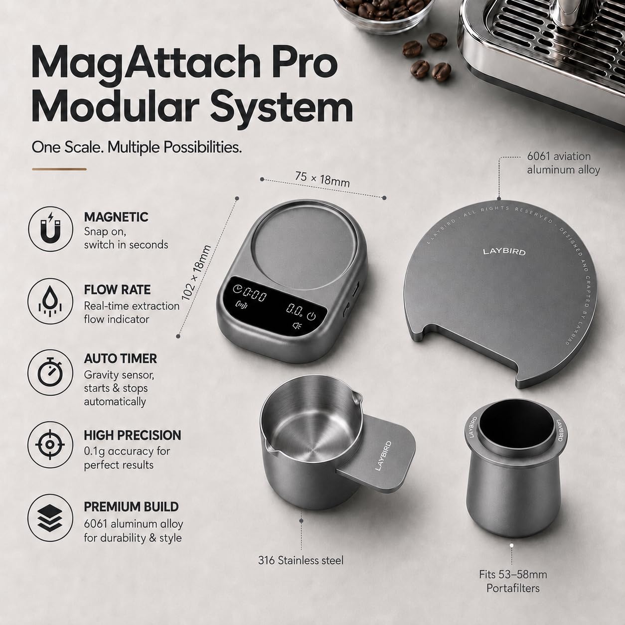 LAYBIRD dosing cup attached to MagAttach Pro highlighting precise bean measurement