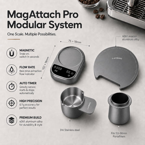 LAYBIRD dosing cup attached to MagAttach Pro highlighting precise bean measurement
