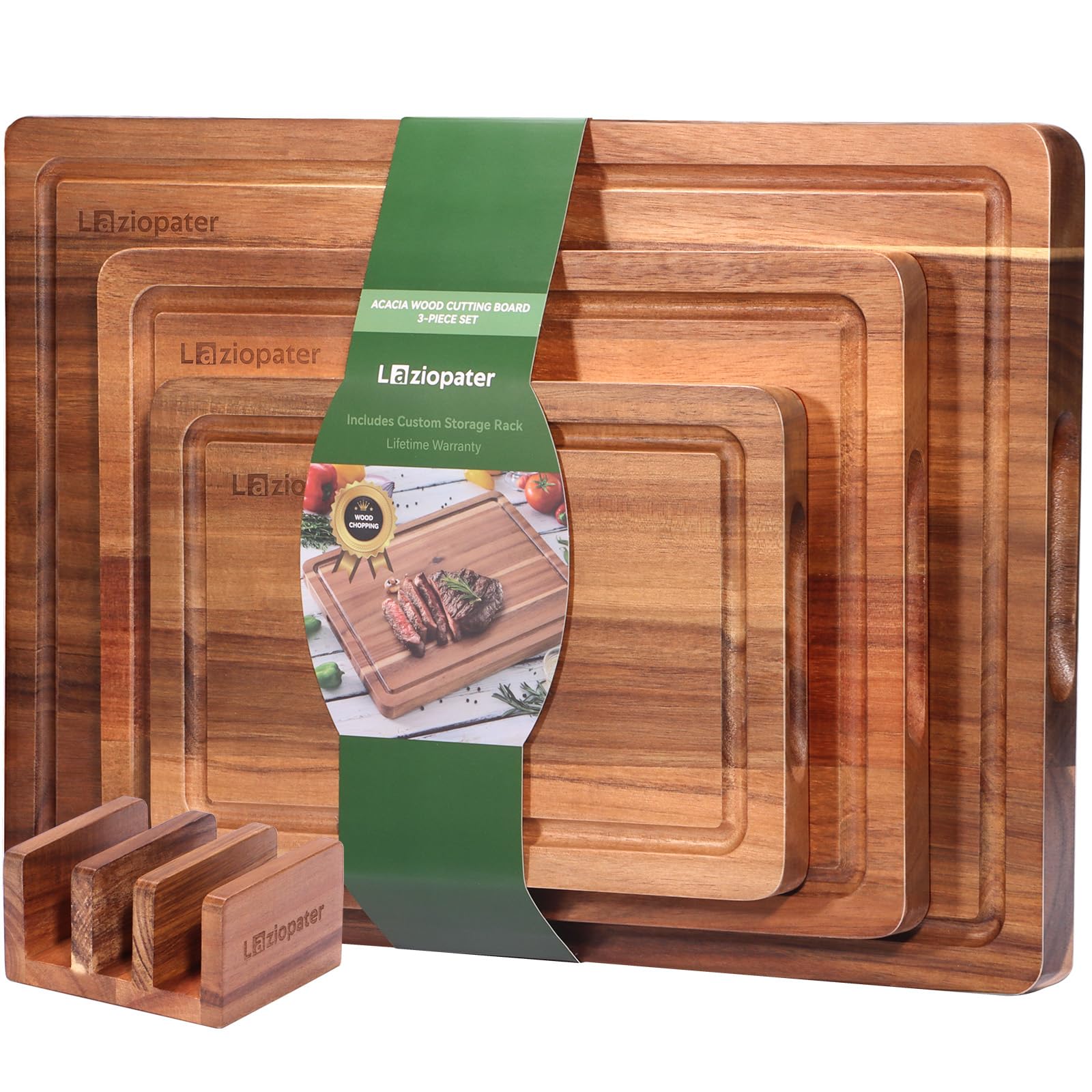 LAZIOPATER front view of three acacia wood boards showing sizes and finish for attractive prep