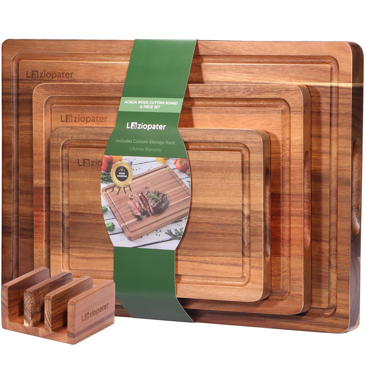 LAZIOPATER front view of three acacia wood boards showing sizes and finish for attractive prep