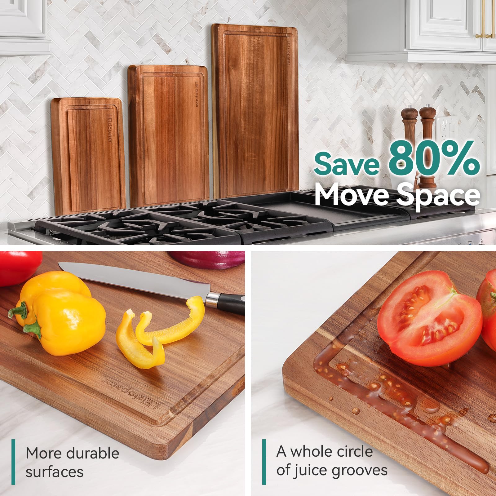 LAZIOPATER stacked boards illustrating slim profile and easy cabinet or shelf storage