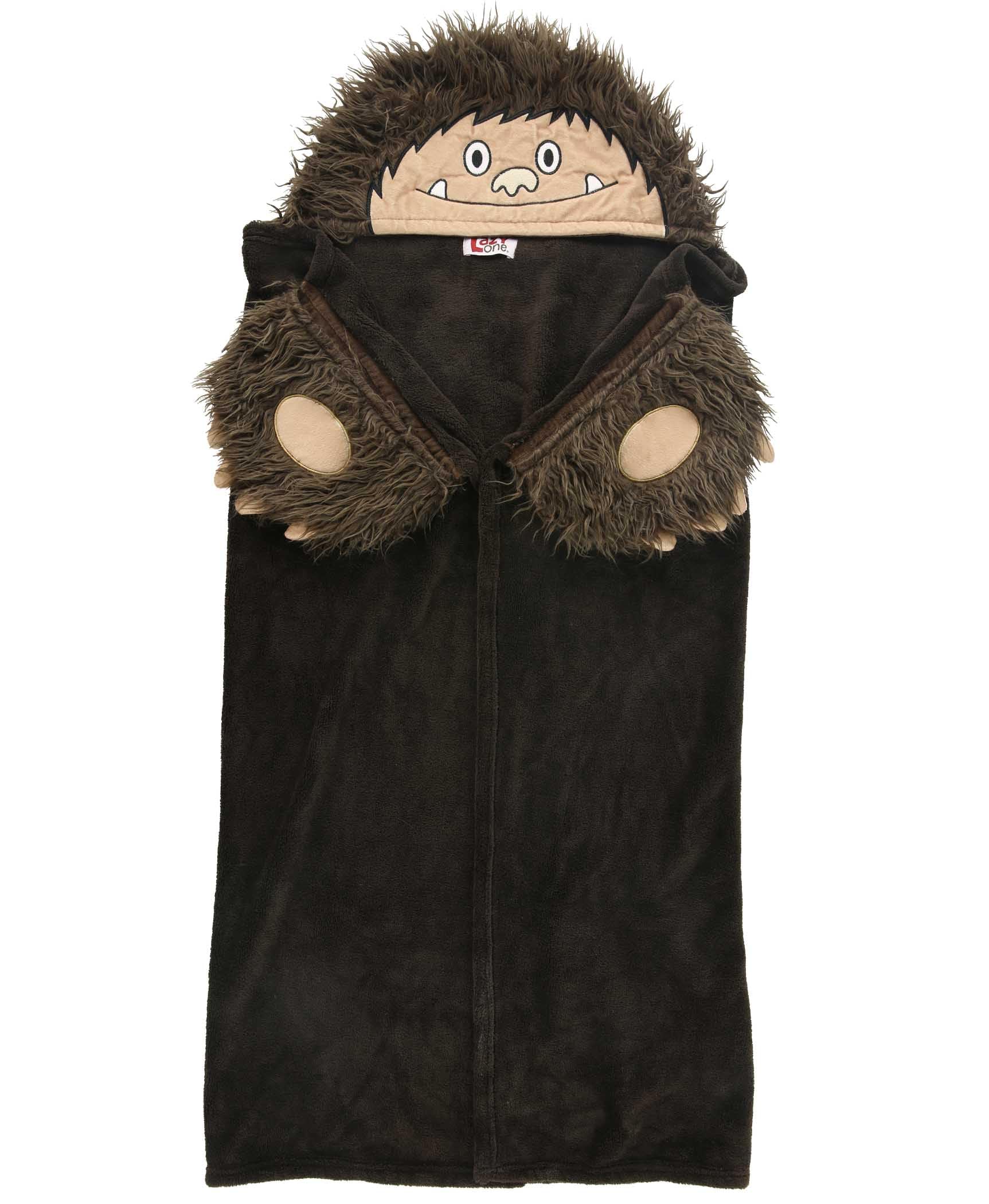 Lazy One Bigfoot hood close-up with embroidered face adding character and fun