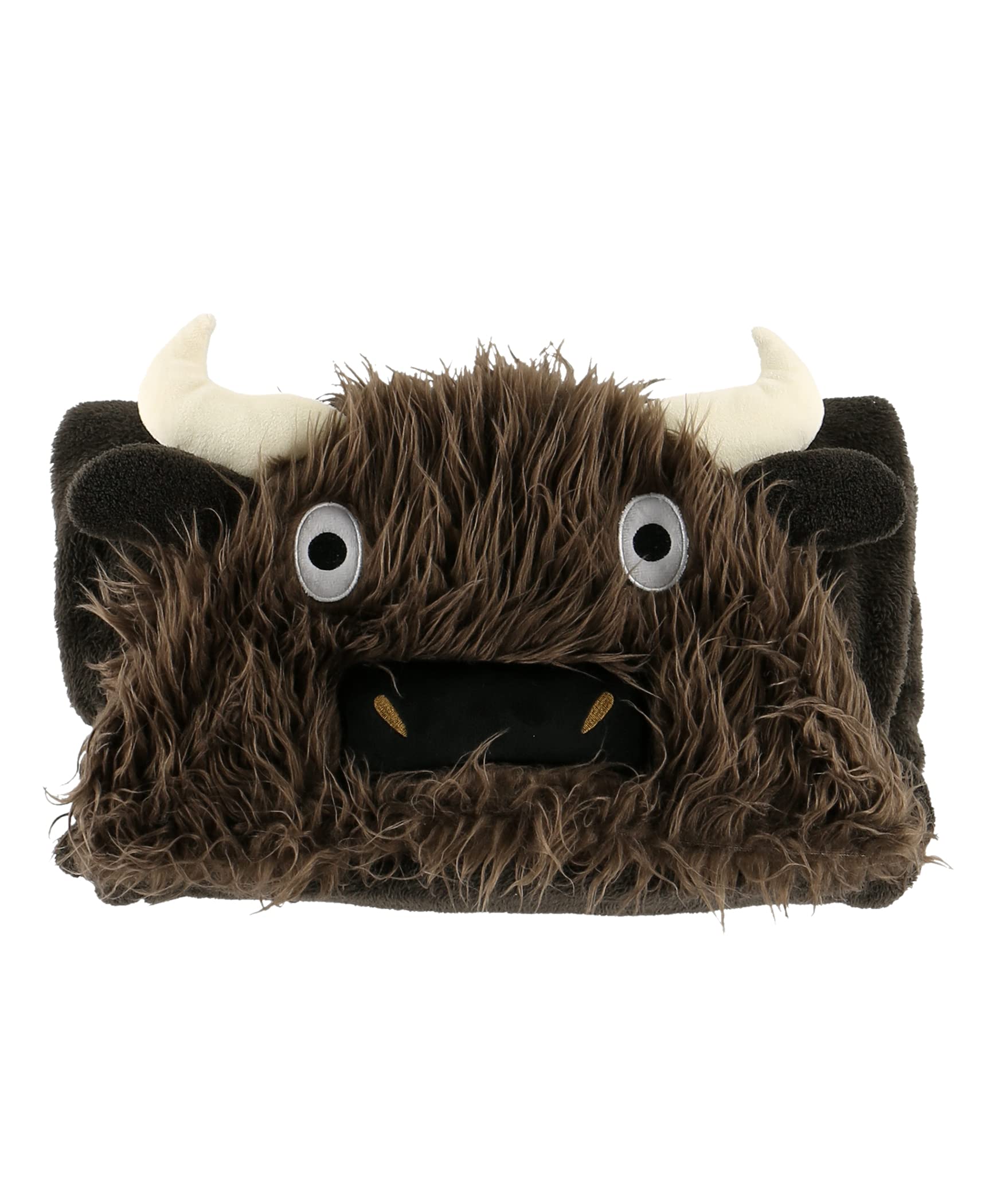 Lazy One hood detail with embroidered buffalo face for playful appeal