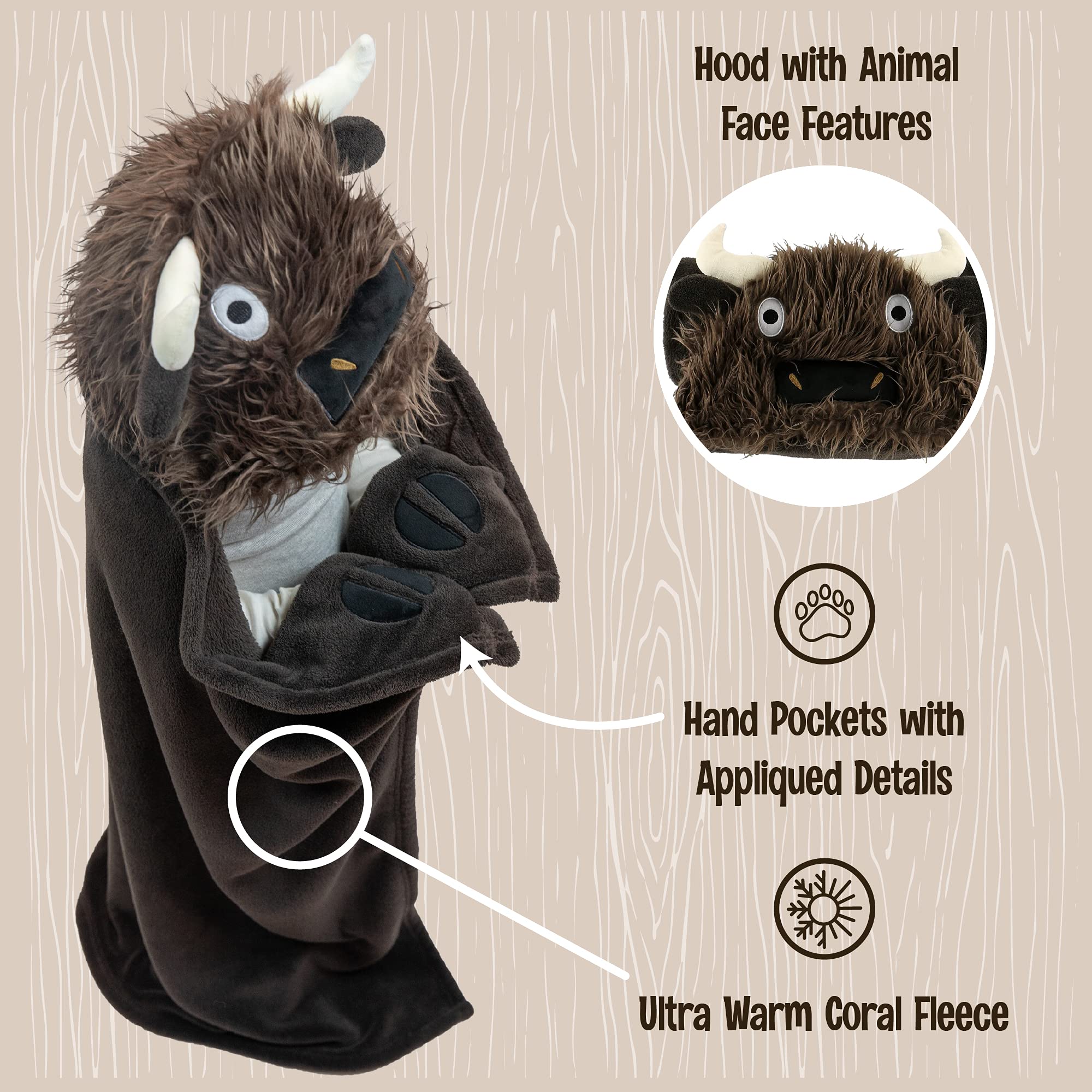 Child wearing Lazy One buffalo blanket for cozy play and travel warmth