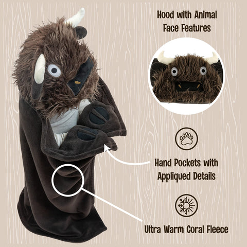 Child wearing Lazy One buffalo blanket for cozy play and travel warmth