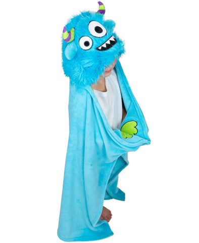 Lazy One front view showing full monster hooded blanket and playful design benefit warmth