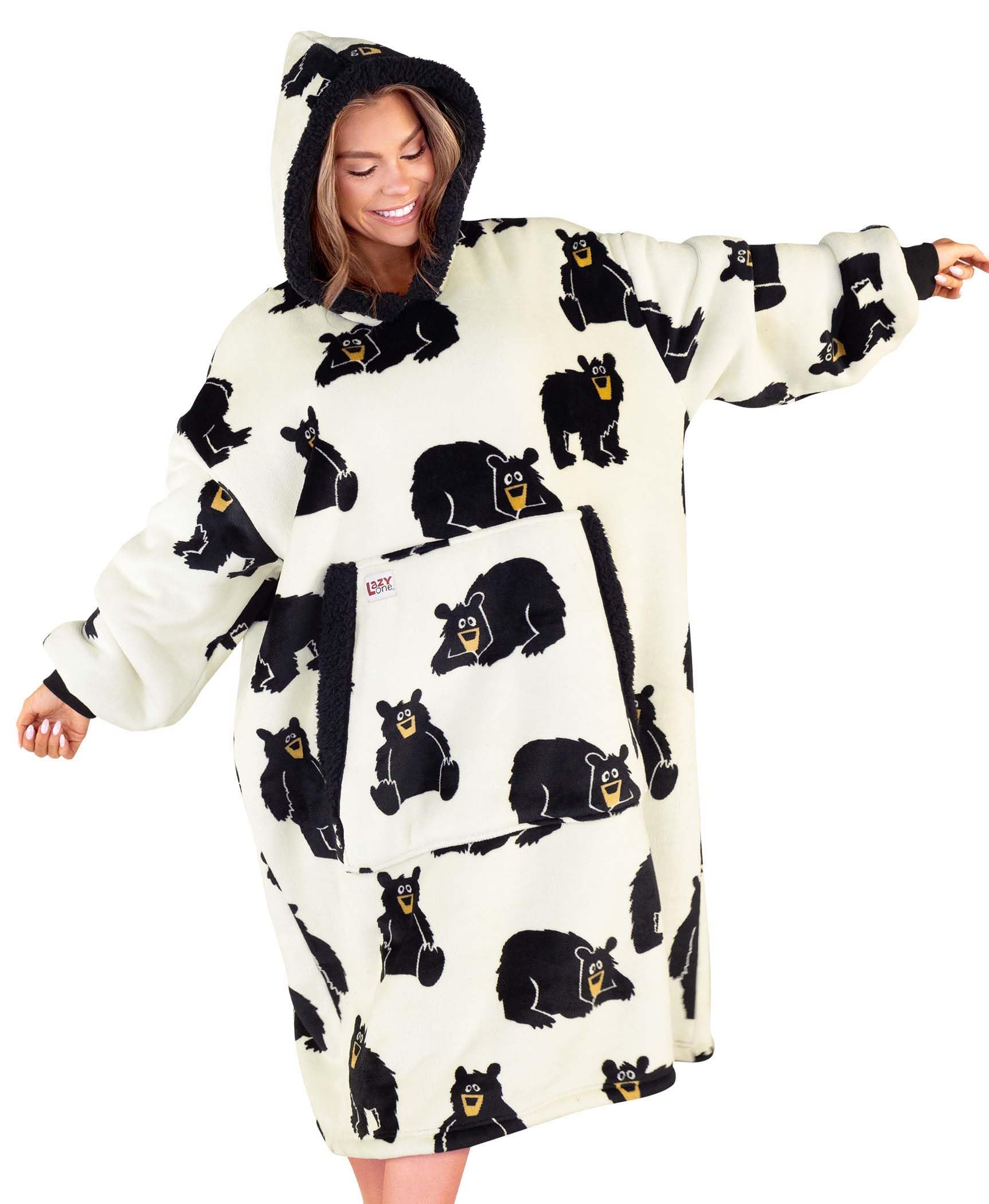 Lazy One front view showing bear design and cozy oversized fit for lounging