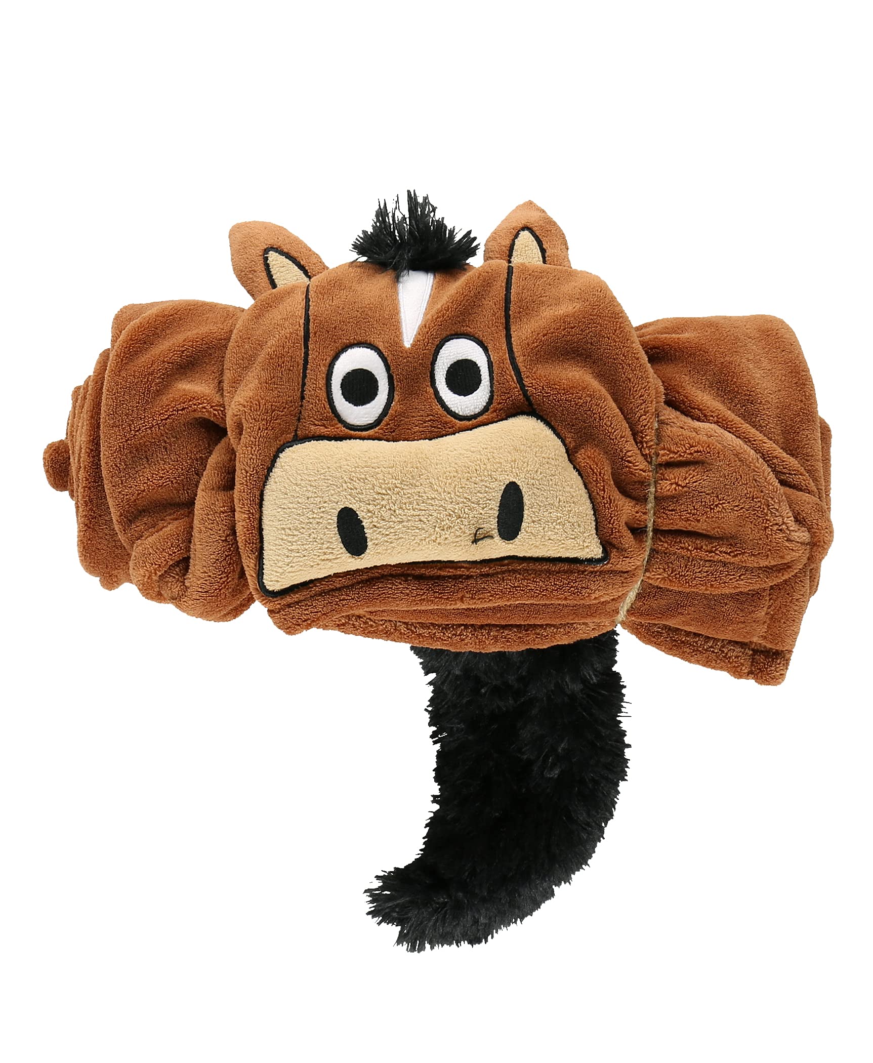 Lazy One hood close-up with embroidered horse face for imaginative play