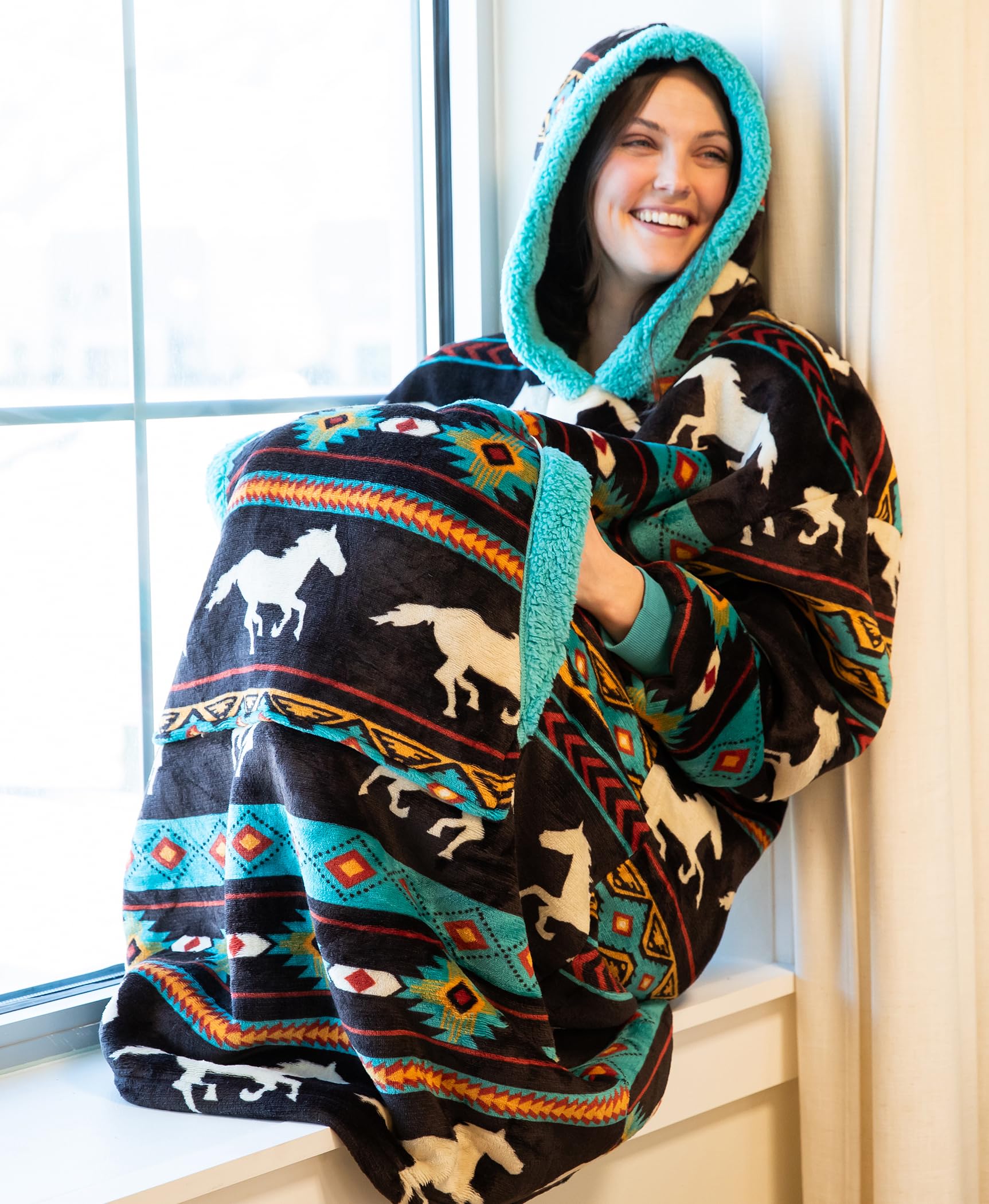 Lazy One horse hood detail illustrating cozy head coverage