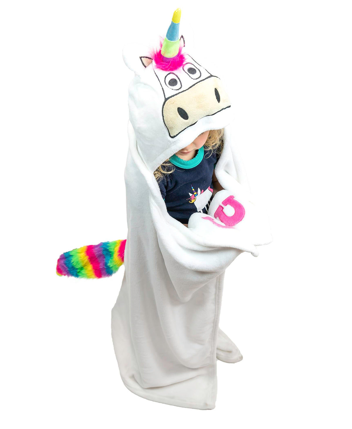 Lazy One unicorn front view shows full cozy wearable blanket and playful design