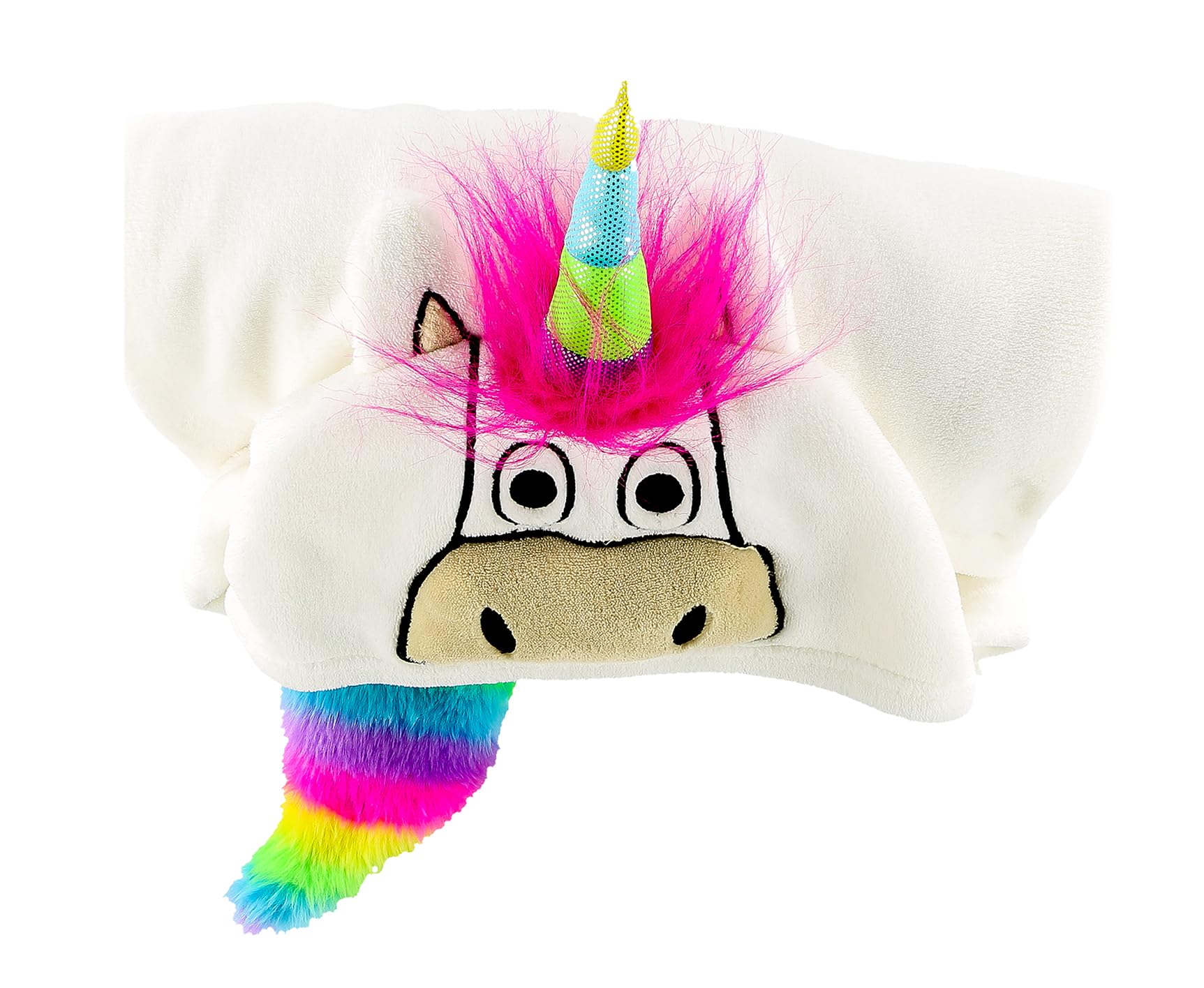 Lazy One hood embroidery detail highlights unicorn face for imaginative play