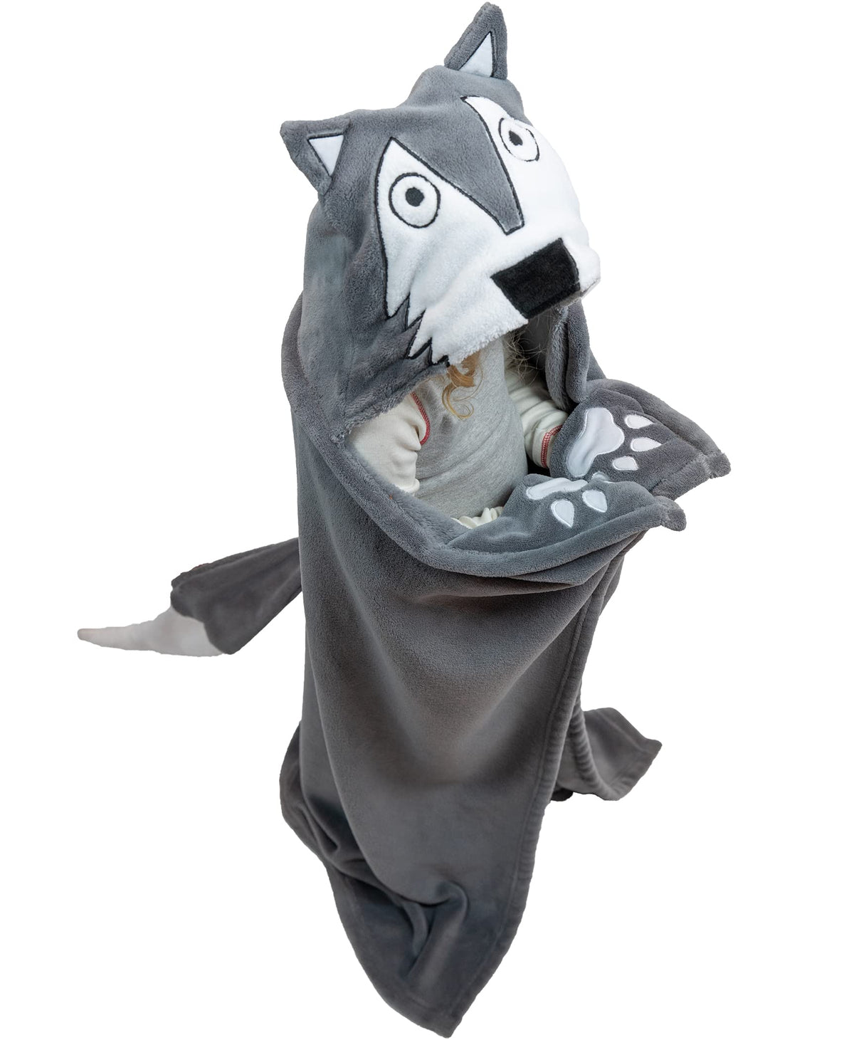 Lazy One wolf hooded blanket front view shows cozy fit and playful design