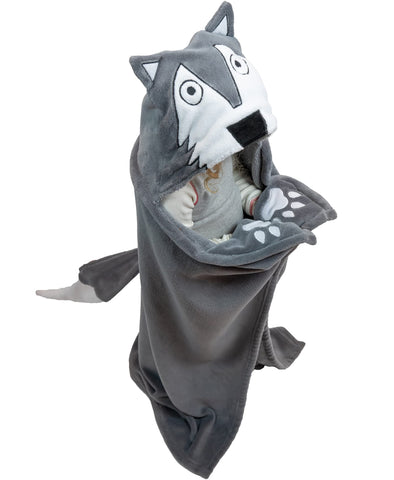 Lazy One wolf hooded blanket front view shows cozy fit and playful design