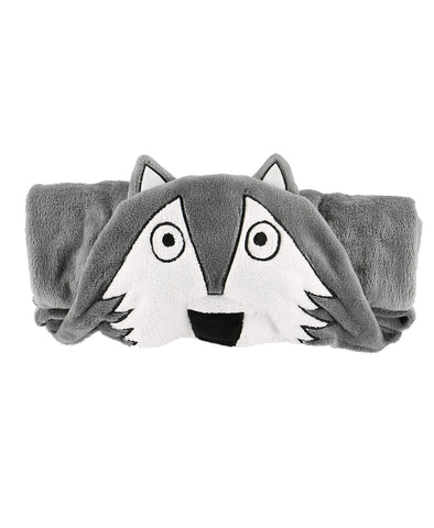 Lazy One embroidered wolf face on hood close-up adds character and warmth