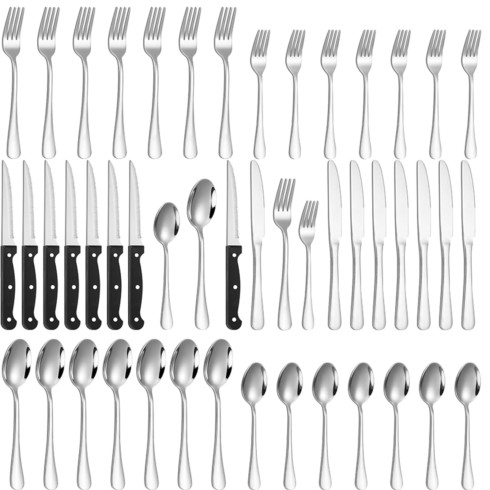 Lazycorner flatware front packaging showing full 48-piece set and durability