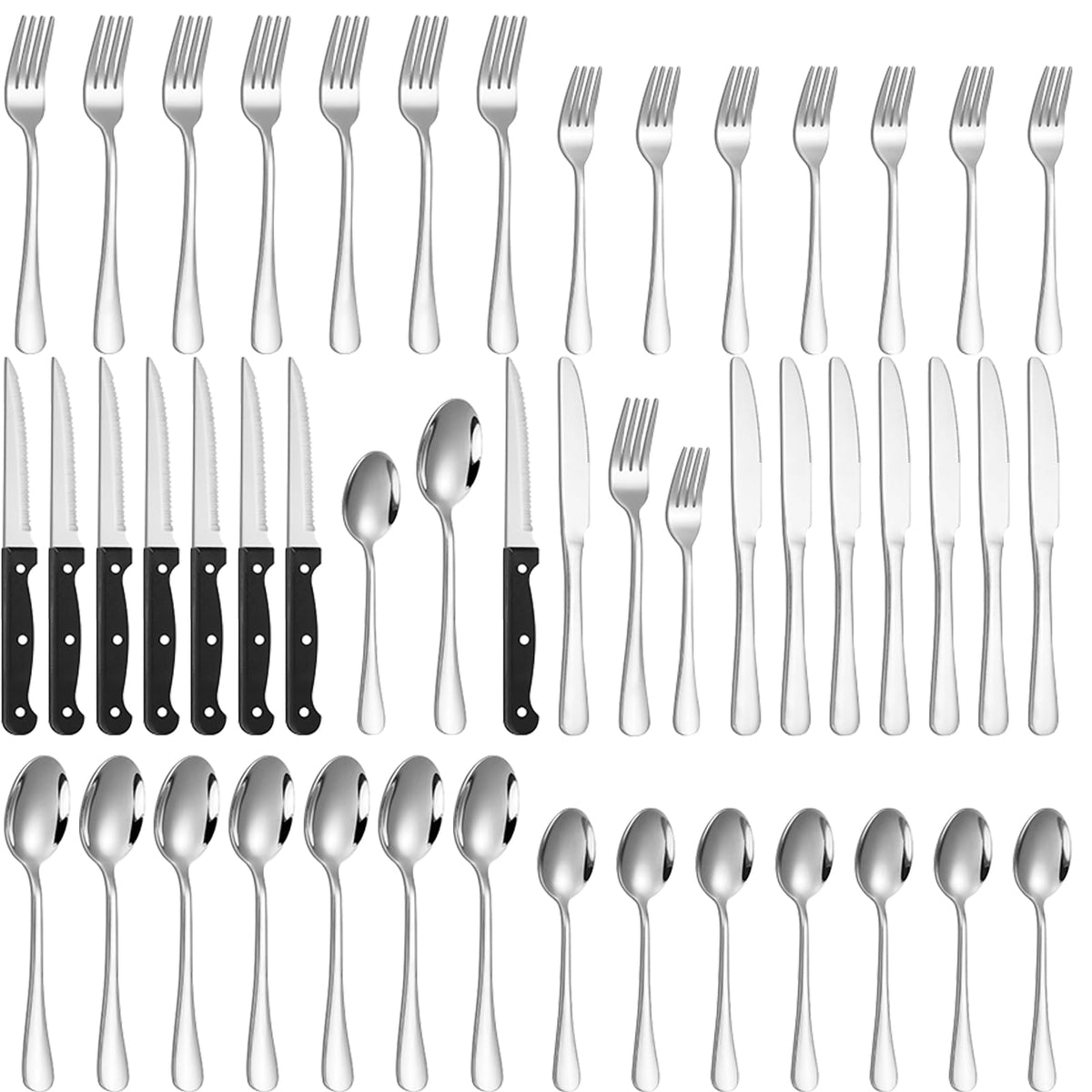 Lazycorner flatware front packaging showing full 48-piece set and durability