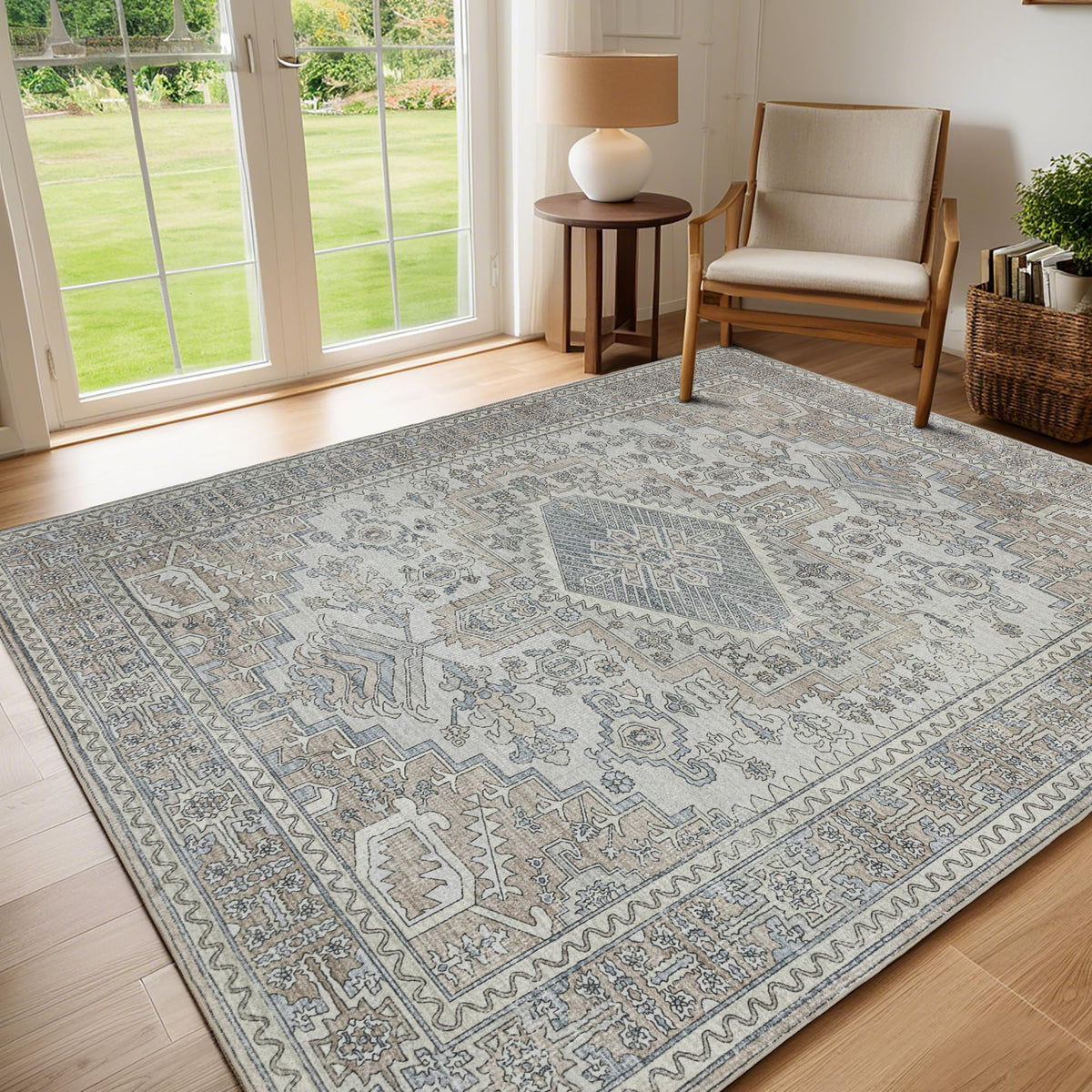 Lbris front view of 8x10 Retro Taupe rug showing vintage design and versatile decor benefit