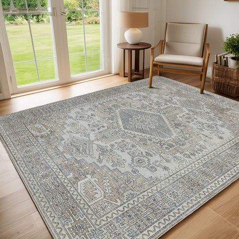 Lbris front view of 8x10 Retro Taupe rug showing vintage design and versatile decor benefit