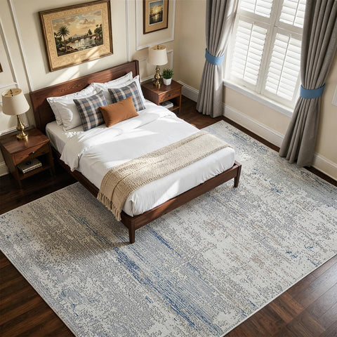 Lbris rug in bedroom demonstrating cozy scale and under-bed coverage