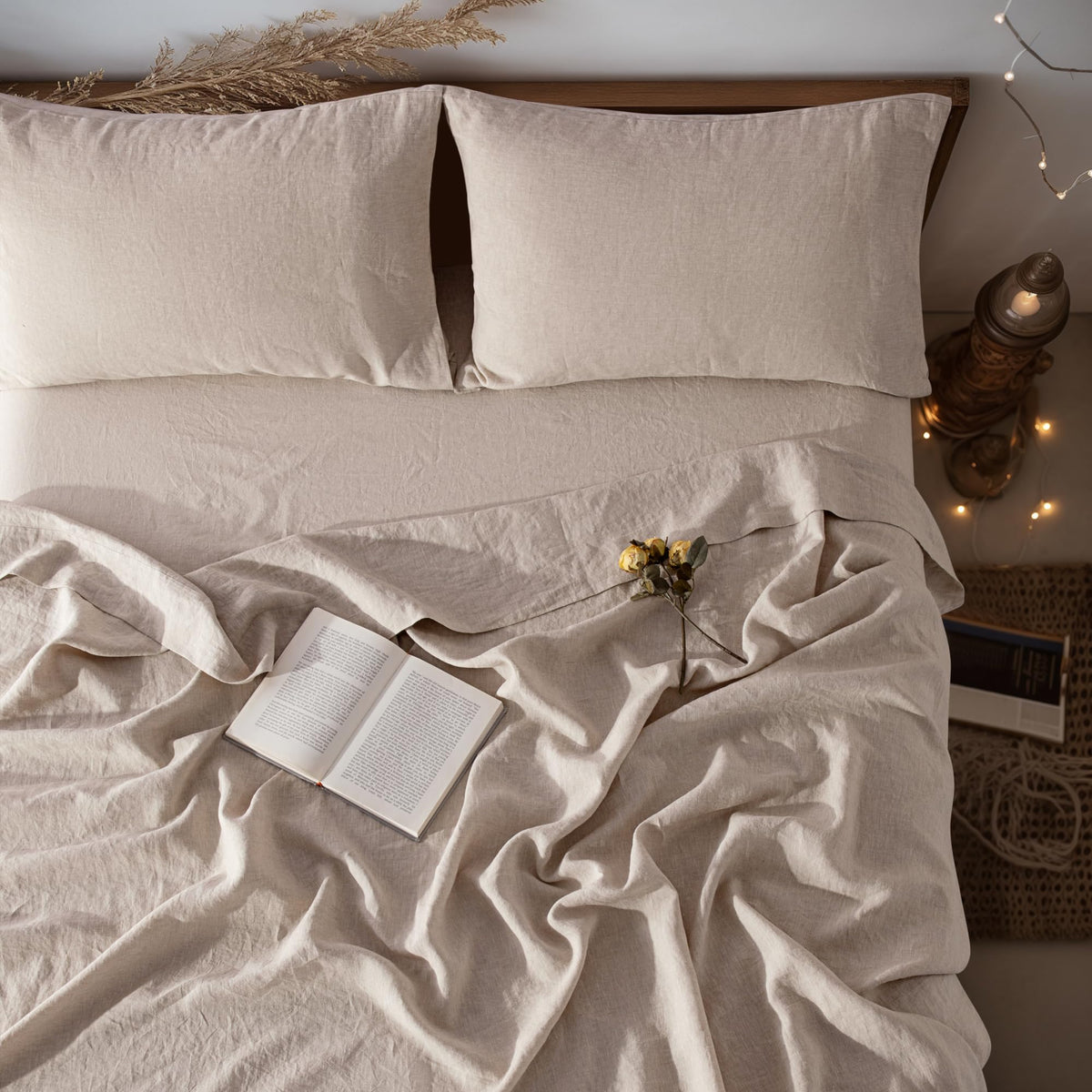LBRO2M front view of king linen sheet set in packaging shows quality and color