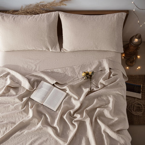 LBRO2M front view of king linen sheet set in packaging shows quality and color