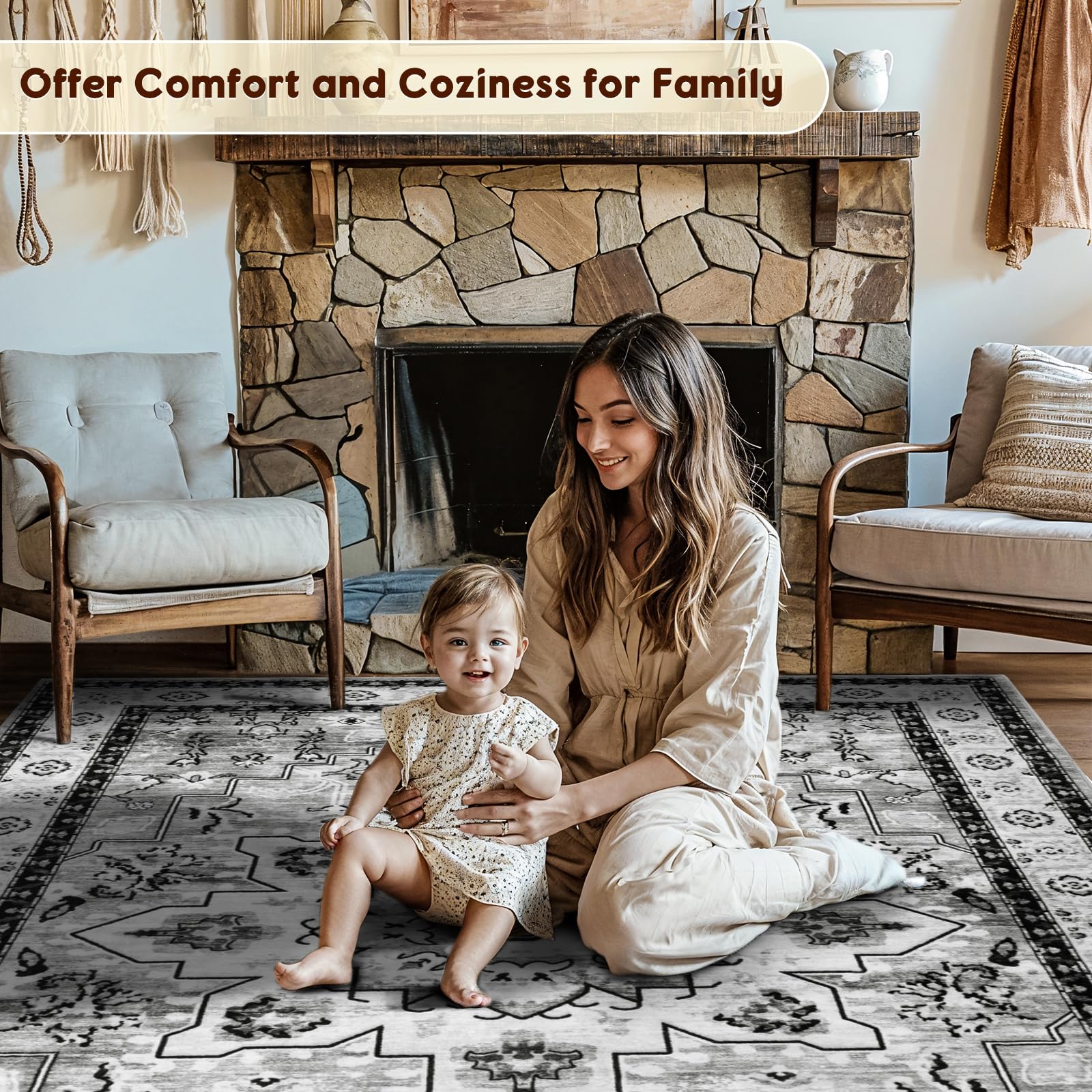 LBRO2M rug styled in living room adds neutral elegance and comfort