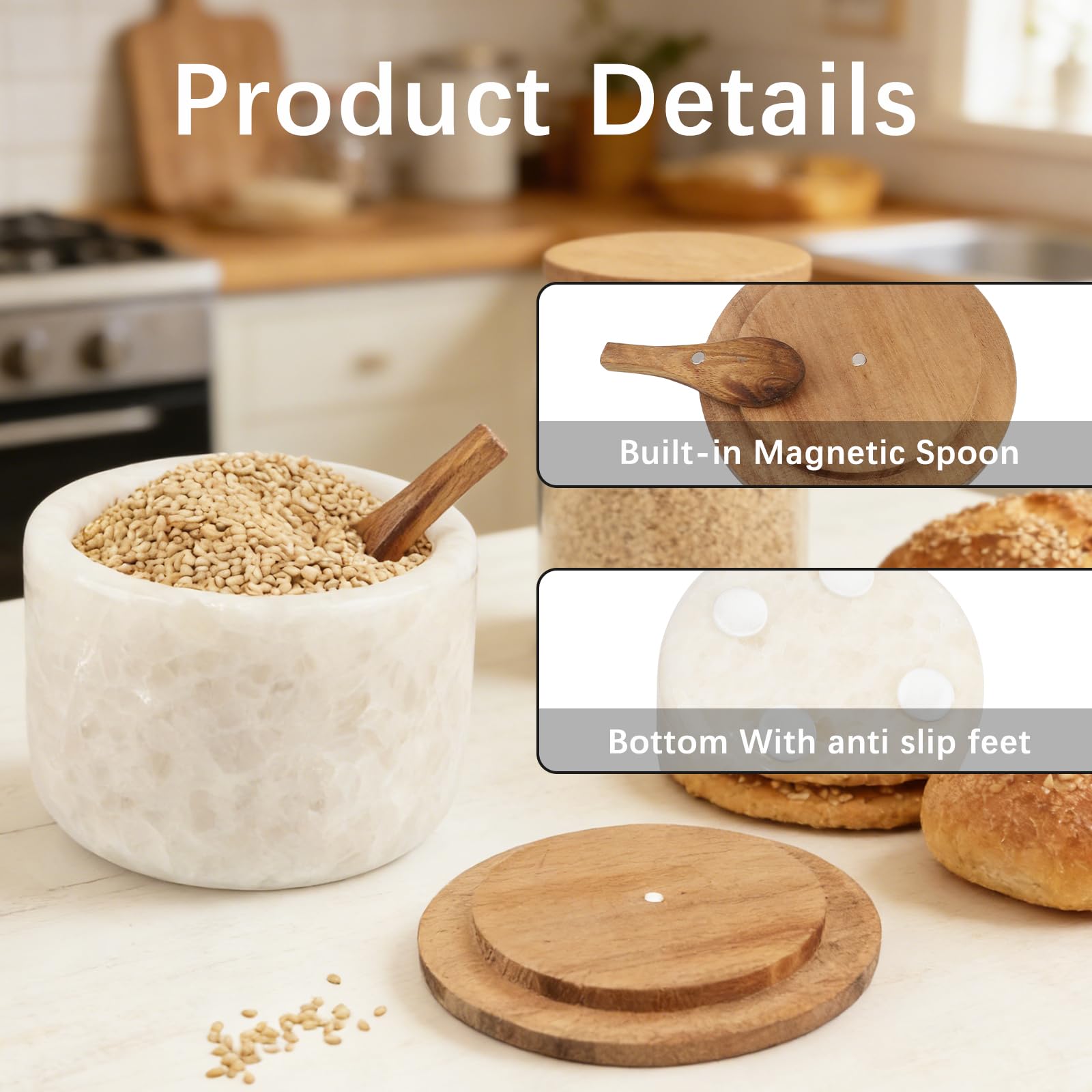 Lc.Courage acacia wood lid close-up highlighting grain and tight fit for freshness preservation