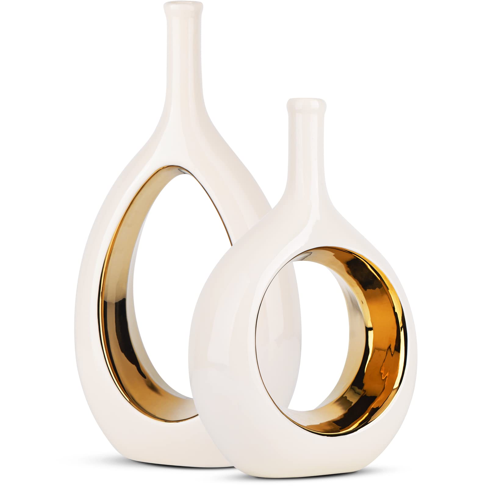 LCCCK front view of white and gold vases, adds refined focal point